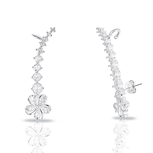 Brinco de Prata Leve Ear Cuff com Flor e Zircônias Cristal
