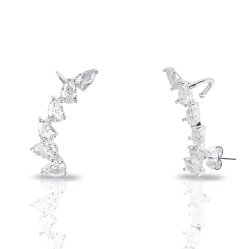 Brinco de Prata Leve Ear Cuff Gotas em Zircônias Cristal