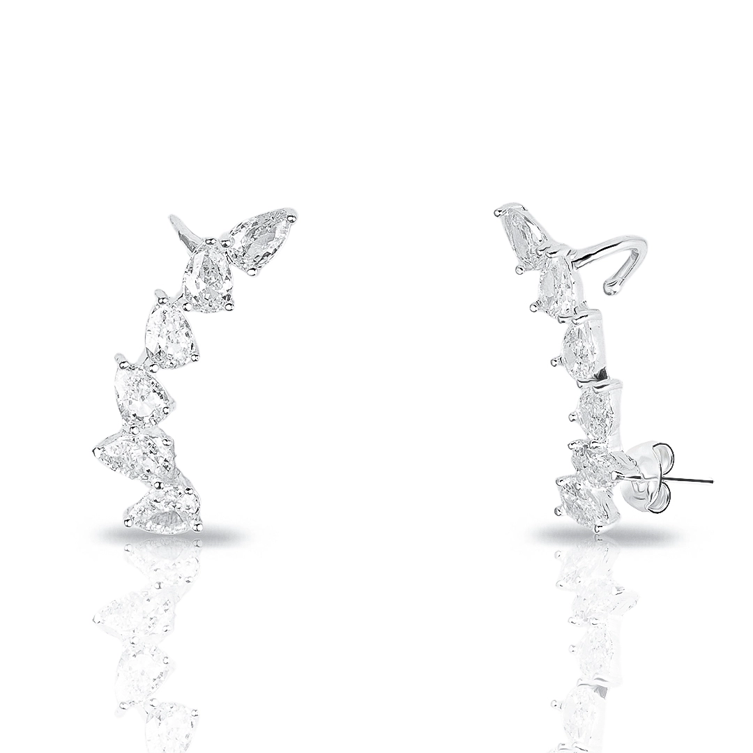 Brinco de Prata Leve Ear Cuff Gotas em Zircônias Cristal