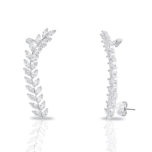 Brinco de Prata Leve Ear Cuff Folhas em Zircônias Cristal