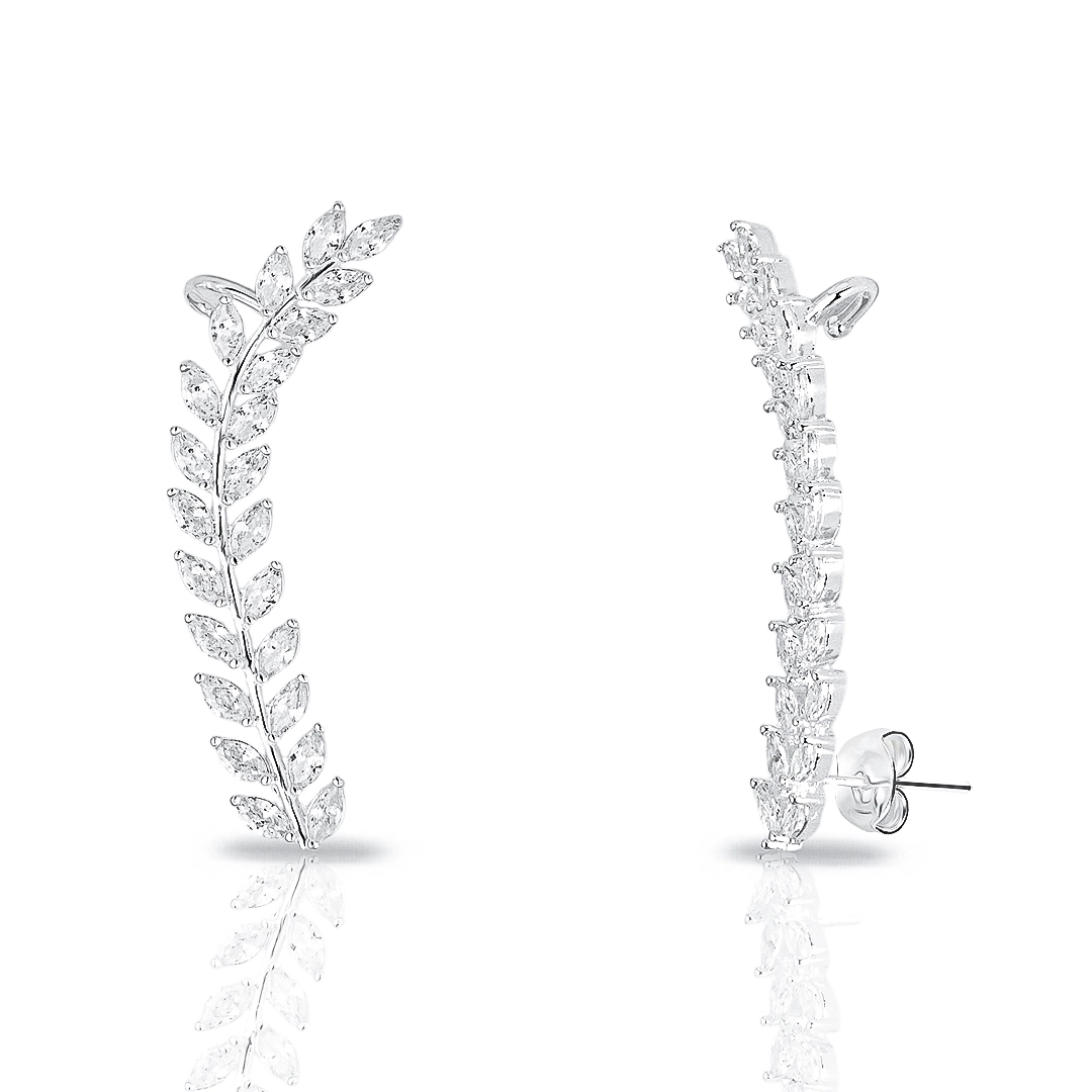 Brinco de Prata Leve Ear Cuff Folhas em Zircônias Cristal