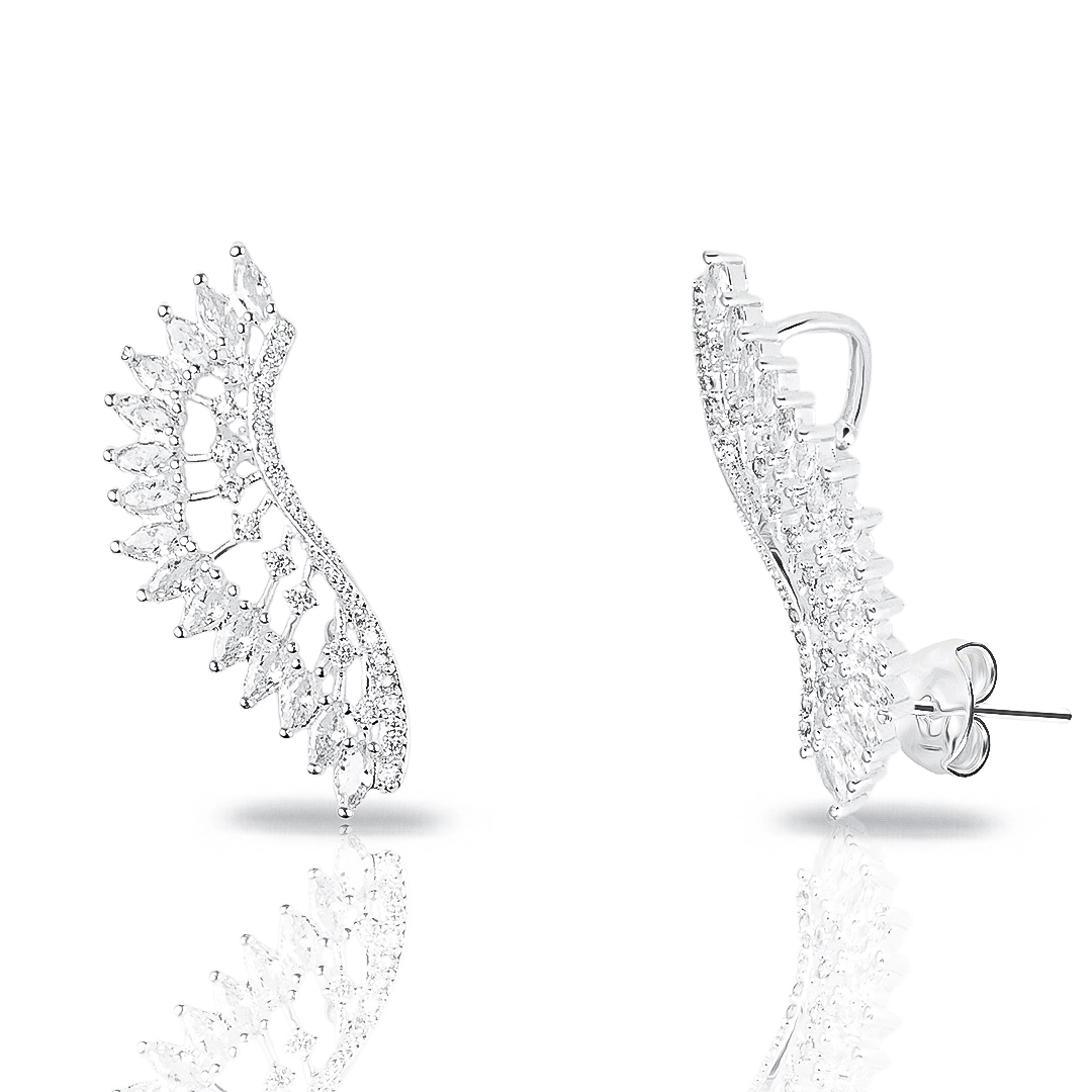 Brinco de Prata Leve Ear Cuff Asas em Zircônias Cristal