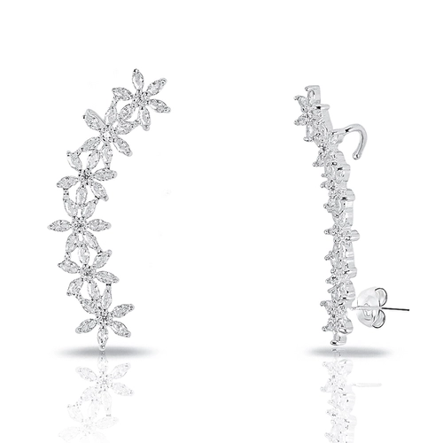 Brinco de Prata Leve Ear Cuff de Flores com Zircônias Cristal