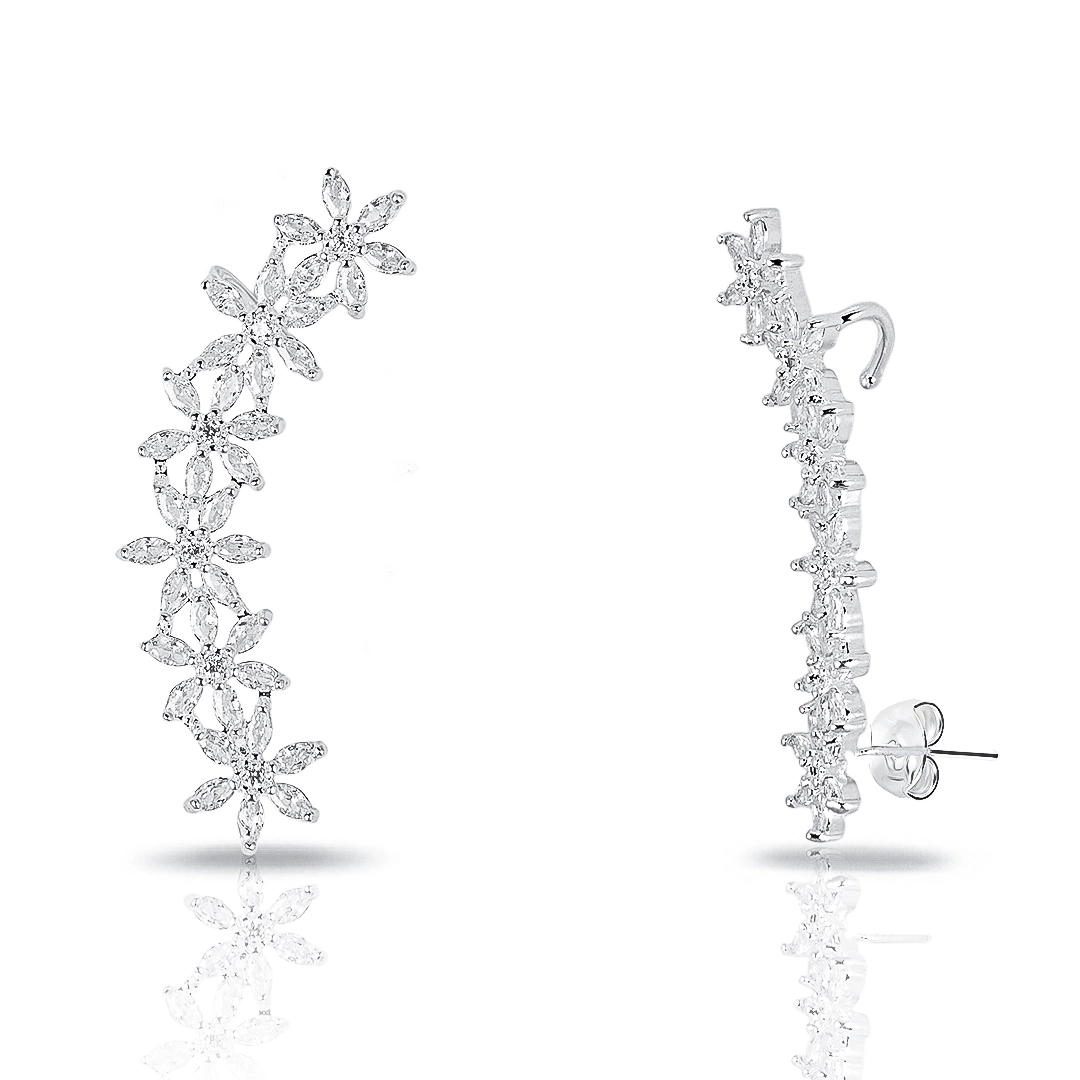 Brinco de Prata Leve Ear Cuff de Flores com Zircônias Cristal