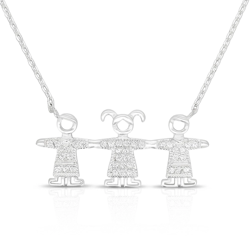 Gargantilha de Prata Meninos Com Menina e Zircônias Cristal