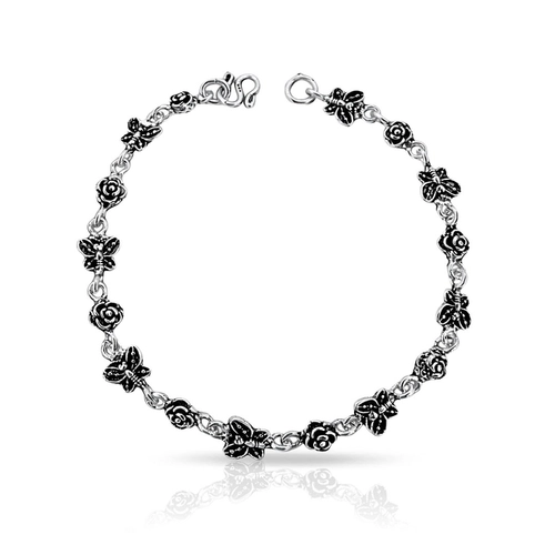 Pulseira de Prata 925 Borboletas e Rosas com Acabamento Envelhecido