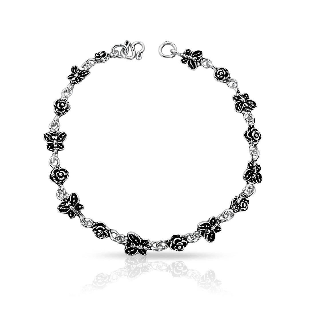 Pulseira de Prata 925 Borboletas e Rosas com Acabamento Envelhecido