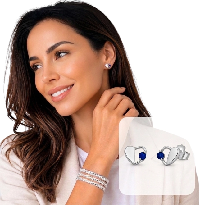 Brinco Blend Collection Top Coração Espelhado com Zircônia Safira