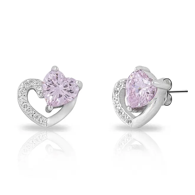 Brinco Blend Collection de Prata 925 Coração De Zircônias Rosa