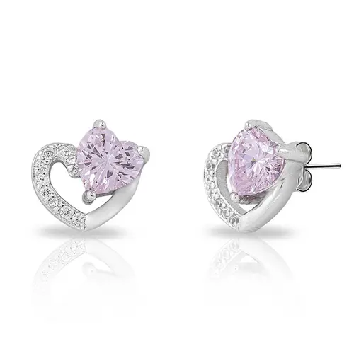 Brinco Blend Collection de Prata 925 Coração De Zircônias Rosa