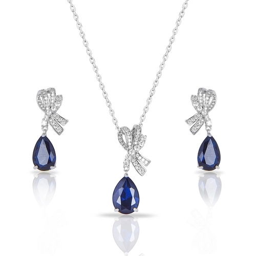Colar de Prata Blend Collection com Brincos Cravejados de Zircônias Cristal e Gota Zircônia Safira