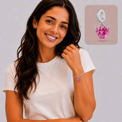 Berloque Coração com Zircônia Rosa e Cristal