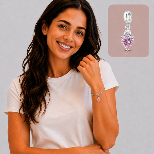 Berloque Coração com Zircônia Rosa e Cristal