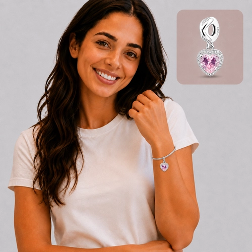 Berloque Coração com Zircônias Rosa e Cristal
