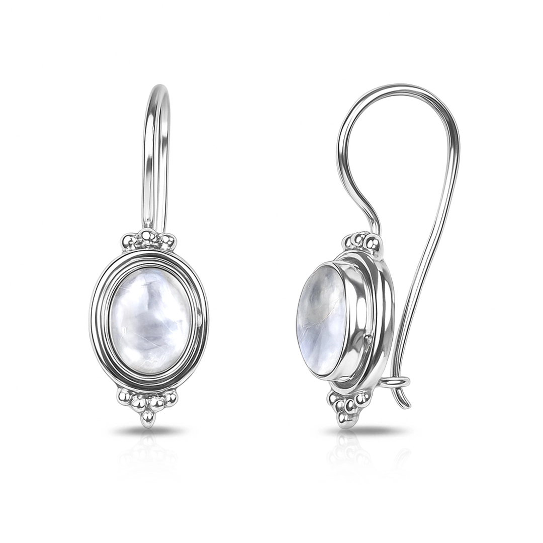 Brinco Prata 925 Gancho com Pedra da Lua Natural Oval