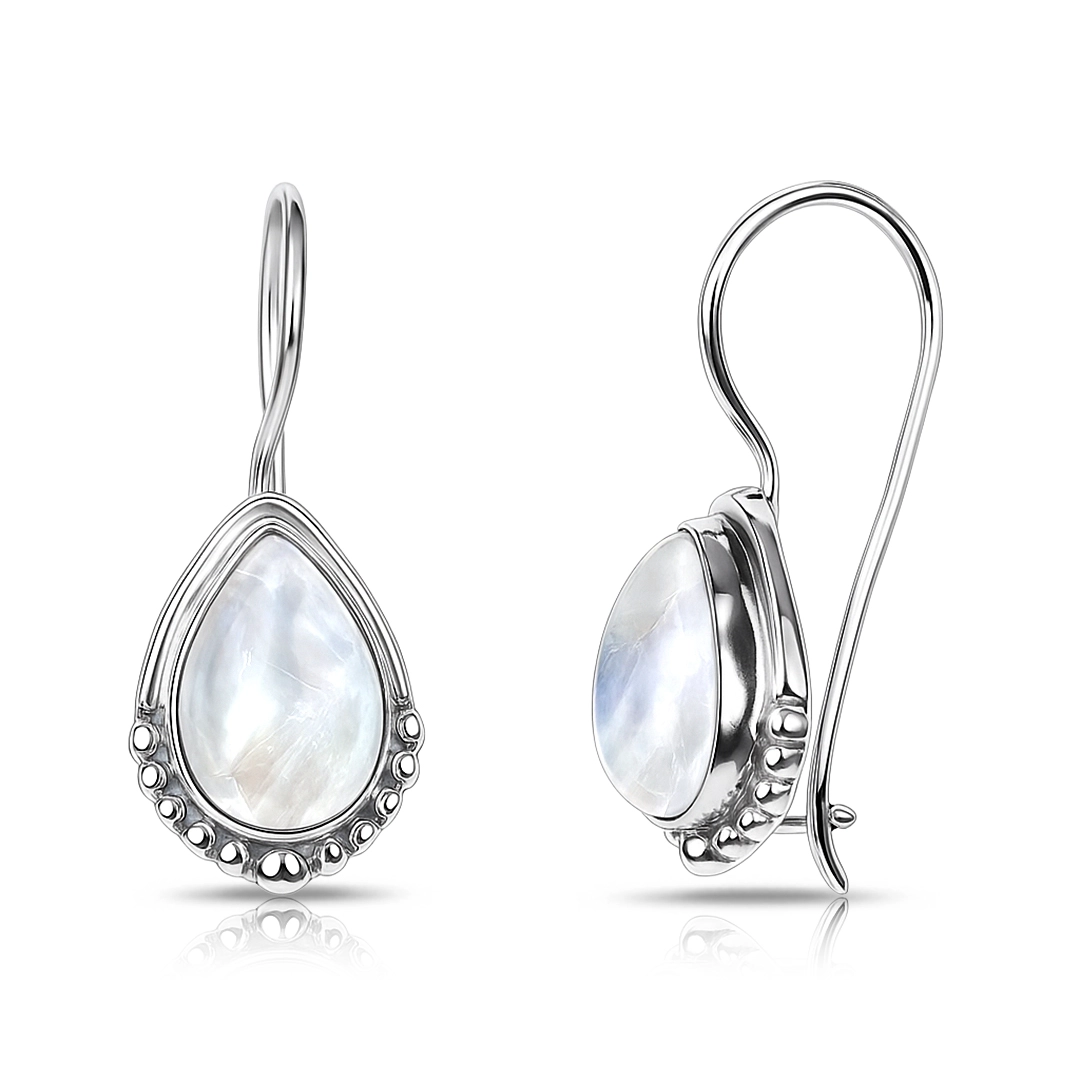 Brinco de Prata 925 com Pedra da Lua Natural Gota Trabalhada