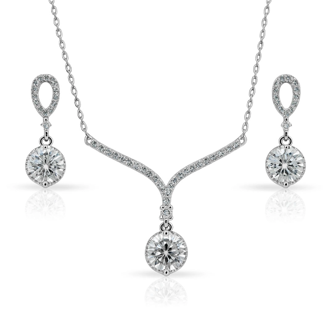 Gargantilha de Prata 925 Blend Collection com Brincos de Zircônias Cristal Redonda