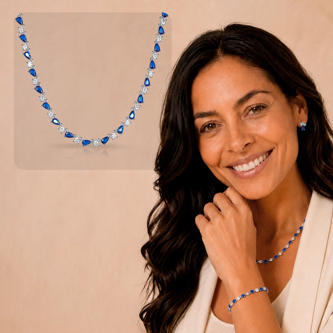 Colar Blend Collection com Zircônias Cristal e Gotas em Zircônia Safira