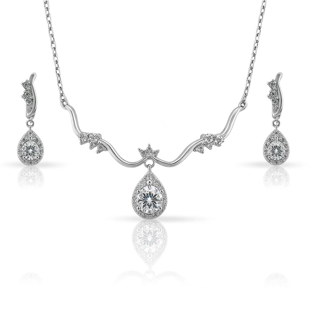 Gargantilha de Prata 925 Blend Collection com Brincos de Zircônias Cristal Gota
