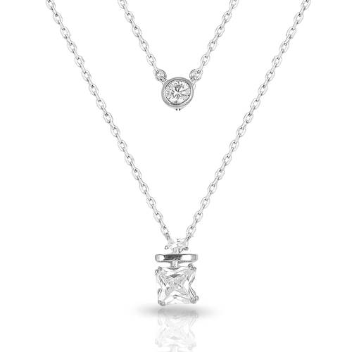 Gargantilha de Prata Blend Collection Dupla com Zircônias Cristal Quadrada e Redonda