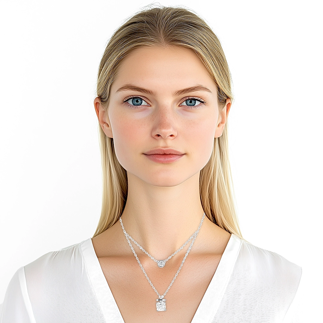 Gargantilha de Prata Blend Collection Dupla com Zircônias Cristal Quadrada e Redonda