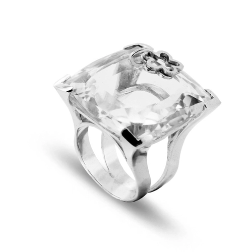 Anel De Prata Com Zircônia Cristal Quadrado e  Pingente de Flor
