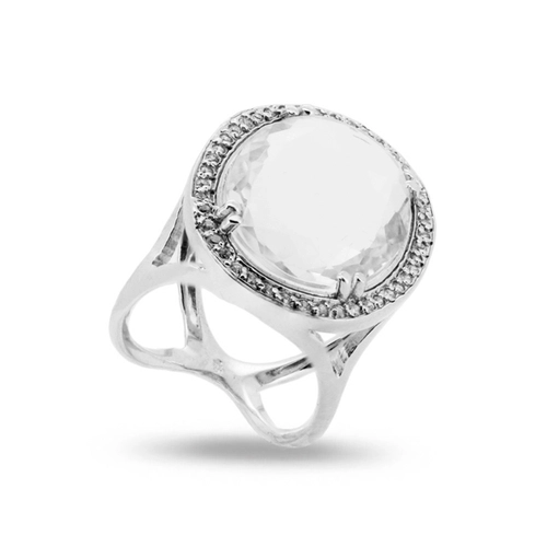Anel De Prata Vazado com Zircônia Cristal Oval