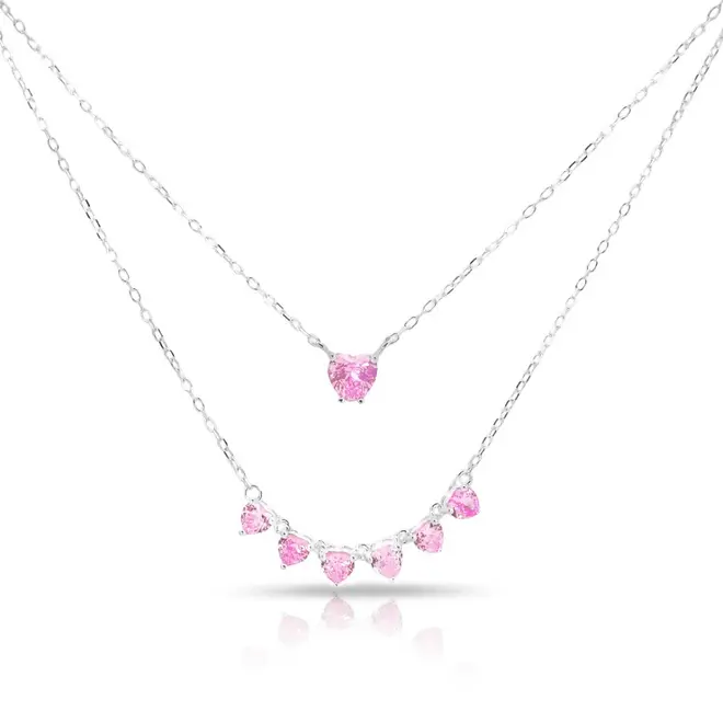 Gargantilha de Prata Blend Collection Dupla com Corações em Zircônia Rosa