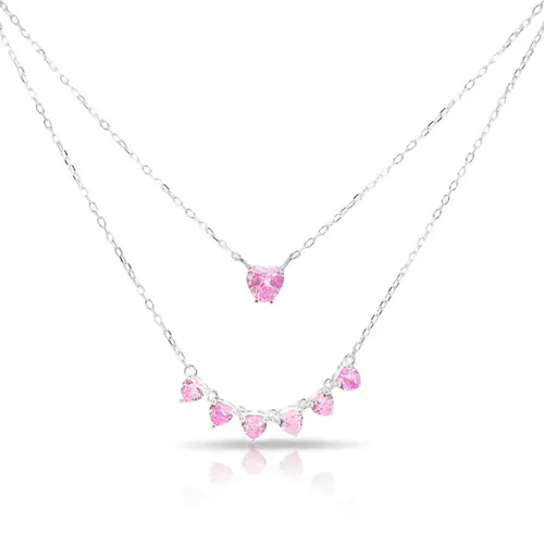 Gargantilha de Prata Blend Collection Dupla com Corações em Zircônia Rosa
