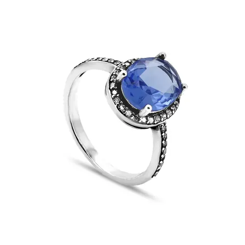 Anel De Prata Com Zircônia Topázio Oval e Zircônia Cristal