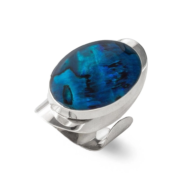 Anel De Prata Oval Espelhado com Abalone Azul