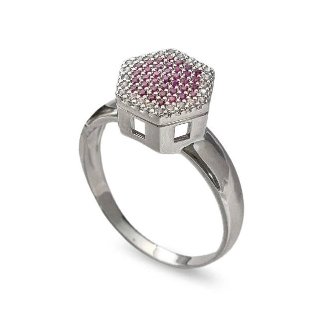 Anel de Formatura em Ouro Branco Hexágono com Zircônia