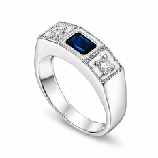 Anel De Formatura Com Zircônia Safira Retangular E Zircônias Cristal