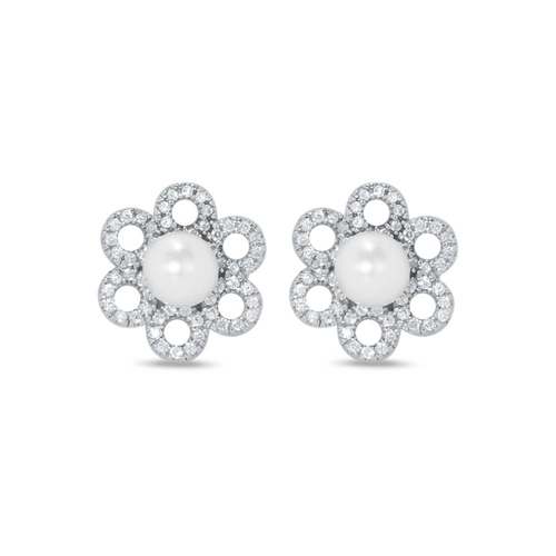 Brinco de Prata Top Flor com Pérola Biwa e Zircônia Cristal