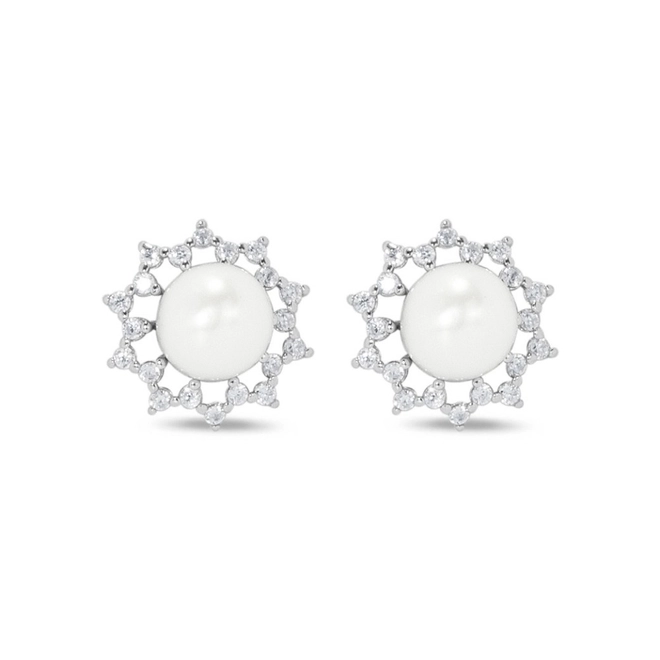 Brinco de Prata Top Flor com Pérola Biwa e Zircônia Cristal