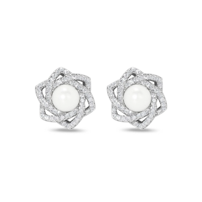 Brinco de Prata Top com Pérola Biwa e Zircônia Cristal
