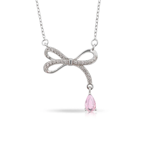 Gargantilha de Prata Blend Collection Laço com Zircônias Cristal e Gota Rosa
