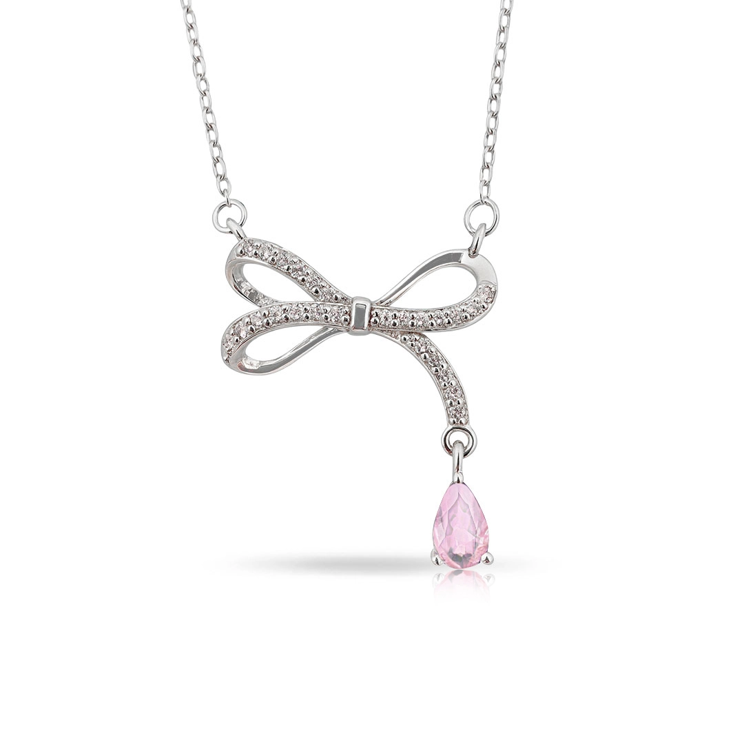 Gargantilha de Prata Blend Collection Laço com Zircônias Cristal e Gota Rosa