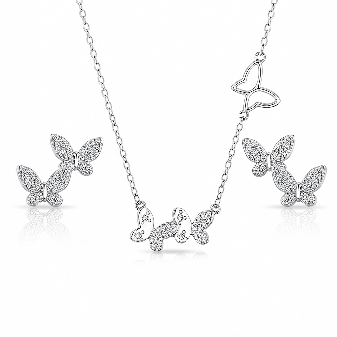 Conjunto com Borboletas e Zircônias Cristal