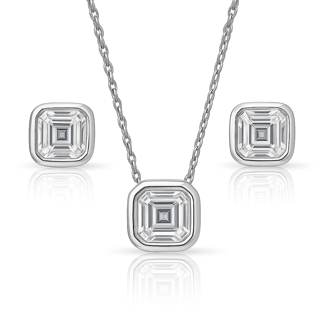 Conjunto em Prata 925 com Zircônias Quadradas em Cravação Inglesa