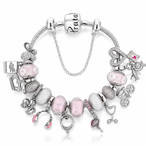 Pulseira com Berloques Rosa e Zircônias Cristal Linha Presents