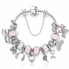 Pulseira com Berloques Rosa e Zircônias Cristal Linha Presents