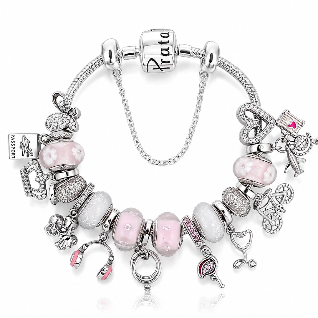 Pulseira com Berloques Rosa e Zircônias Cristal Linha Presents