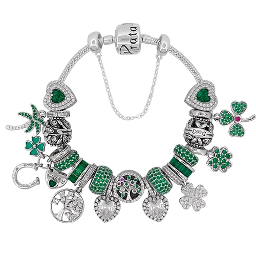 Pulseira de Prata 925 com Berloques Verde Linha Presents