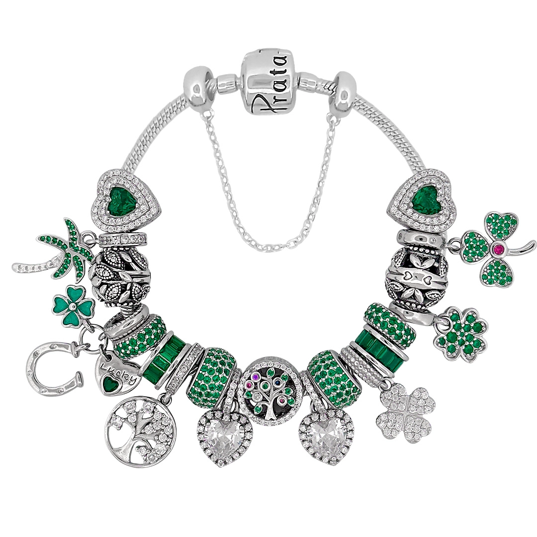 Pulseira de Prata 925 com Berloques Verde Linha Presents