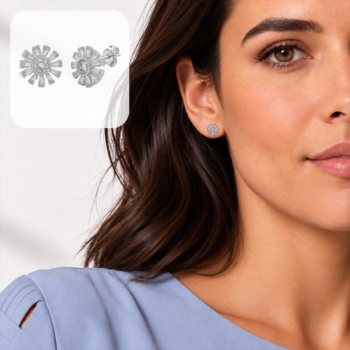 Brinco Top Flor com Zircônias Cristal Cravejadas