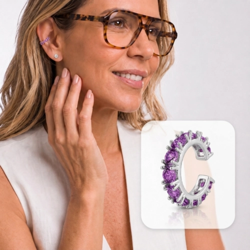 Brinco Ear Cuff Argola Cravejada com Zircônias Ametista (Unidade)