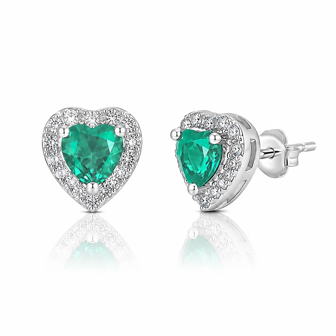 Brinco Top Coração Verde Paraíba Cravejado com Zircônias Cristal