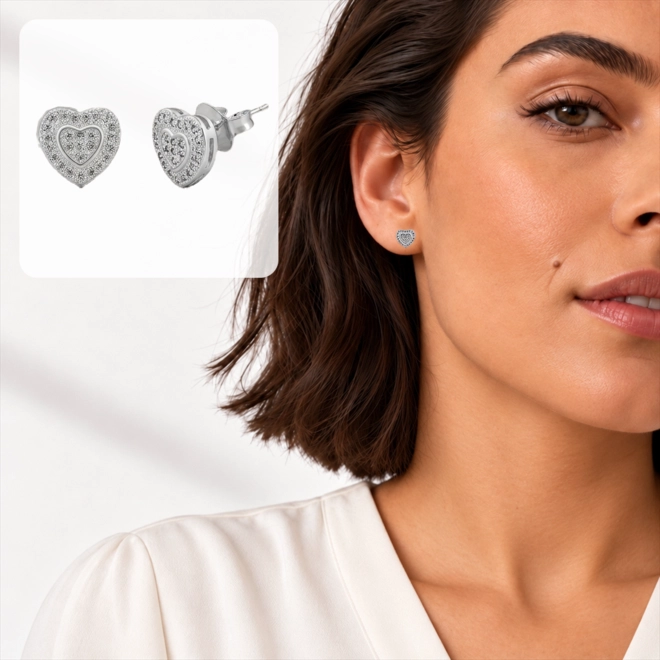 Brinco Top Coração Cravejado com Zircônias Cristal