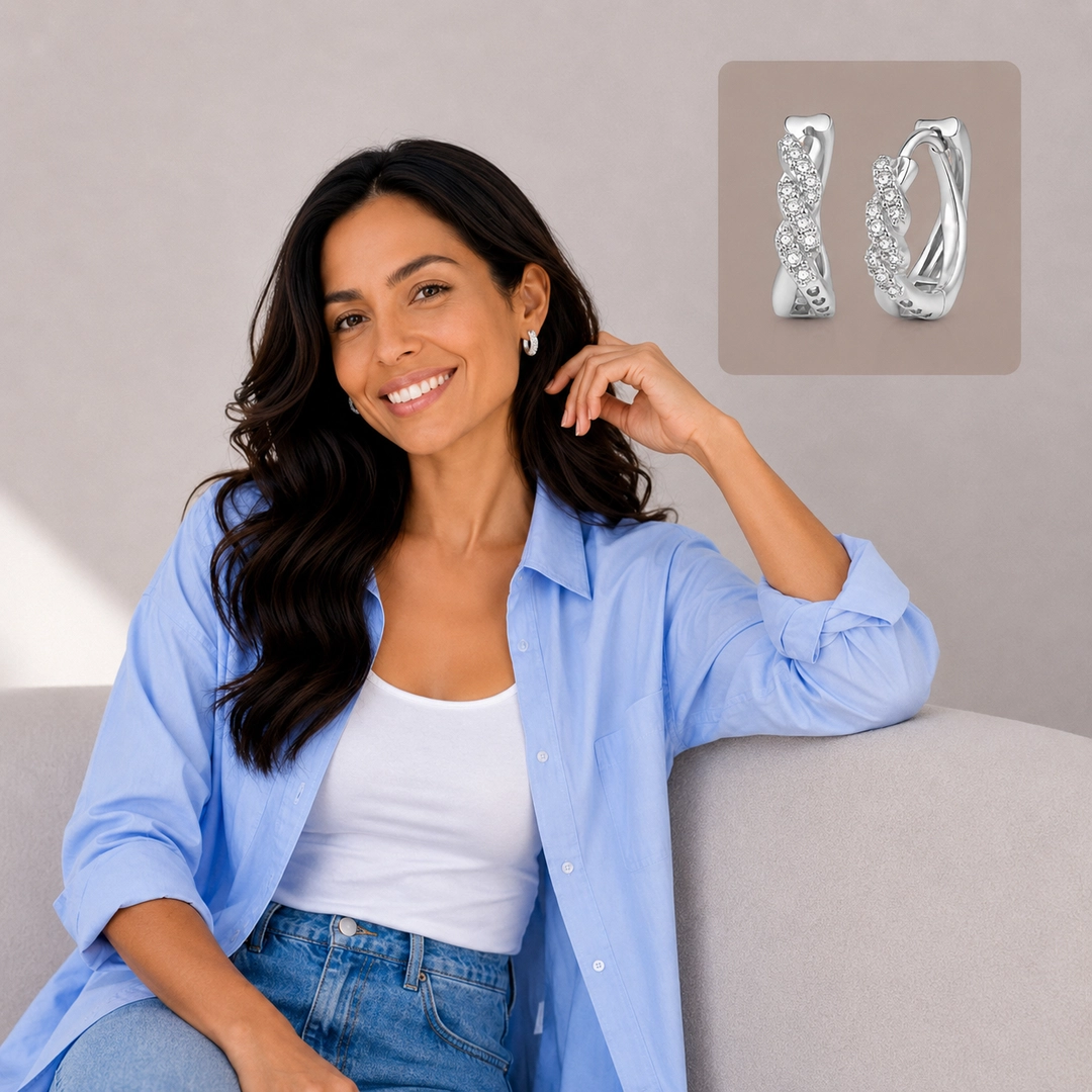 Brinco Argola Click Trançada com Zircônias Cravejadas